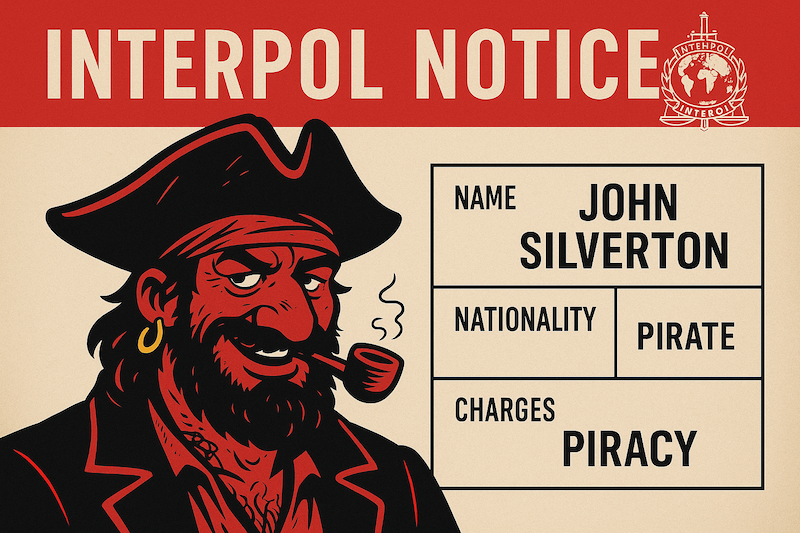 Гумористичне зображення пірата у стилі розшукової картки Інтерполу — міжнародний розшук та екстрадиція